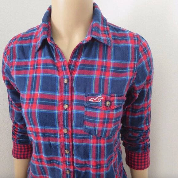 Hollister Womens Plaid Shirt Size XS Top Button Down Blouse Blue & Red - Picture 3 of 4